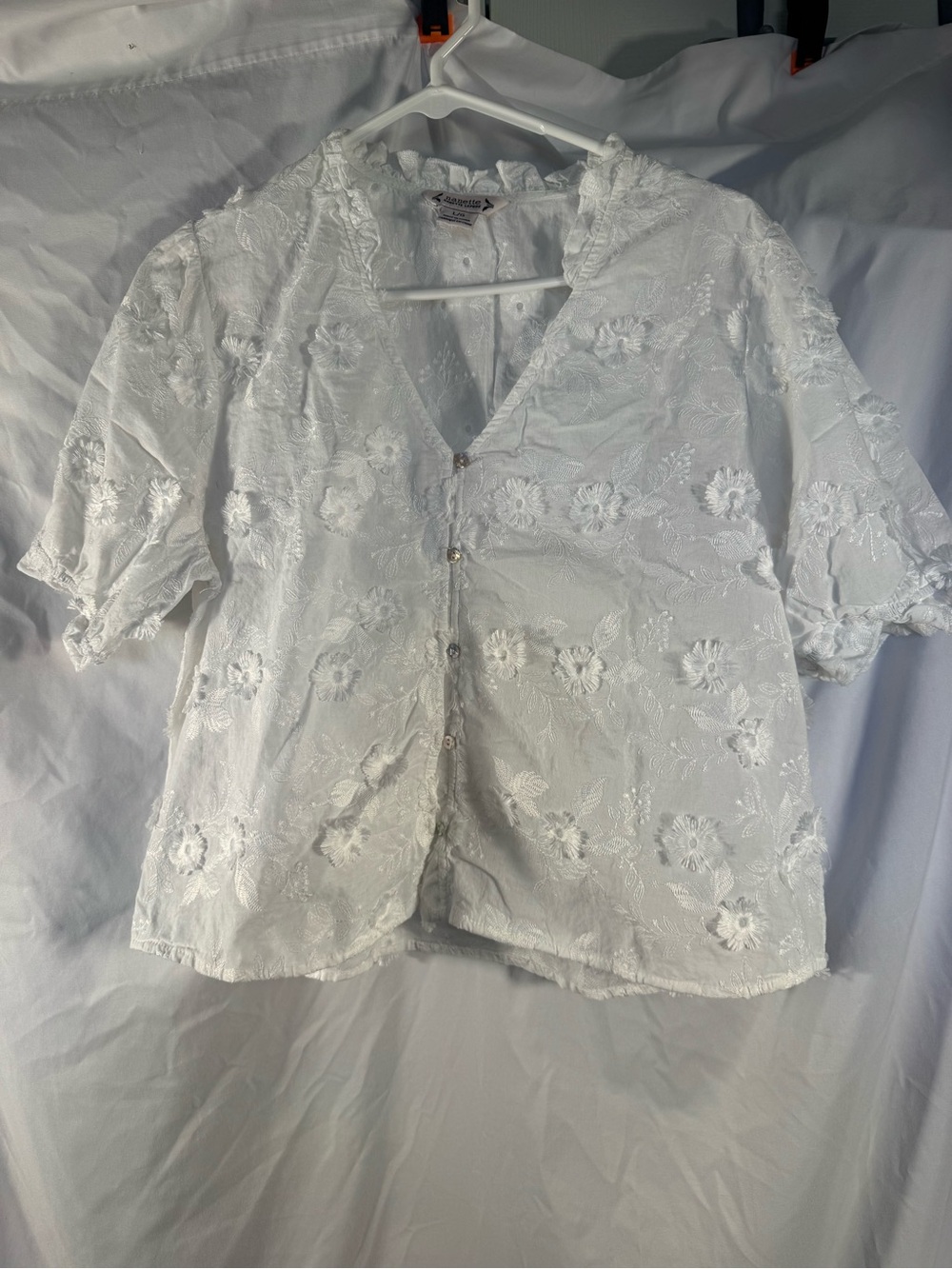 Nanette Lepore White 3D Floral Embroidered Puff Sleeve Blouse L Coquette